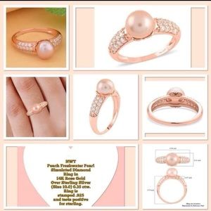 NWT Peach Freshwater Pearl Simulated Diamond Ring in 14K Rose Gold Over Sterling